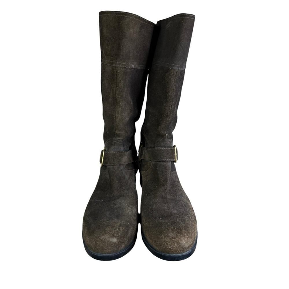 Prada Brown Mid calf Suede Biker Boots with Gold Buckle Logo EU 39 US 9 - Picture 5 of 13